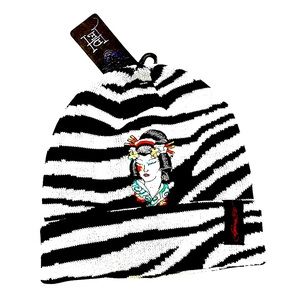 Ed Hardy Black White Zebra Print Geisha Embroidered Graphic Slouchy Beanie Hat